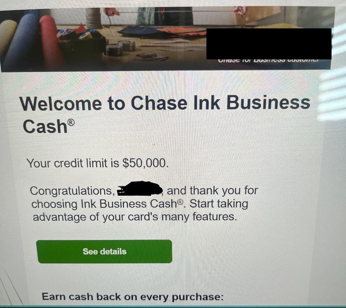 Chase Ink Business Cash approval with a $50,000 credit limit
