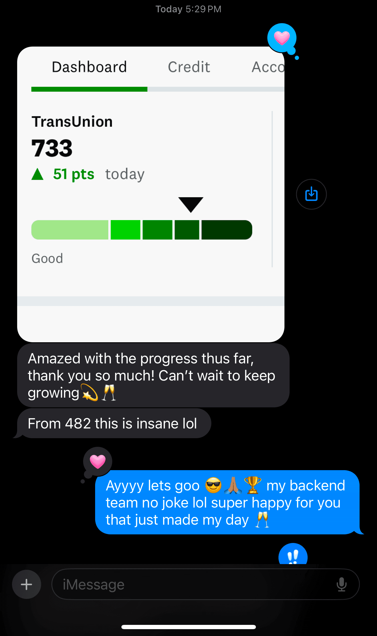 Client text message celebrating a jump from 482 to 733
