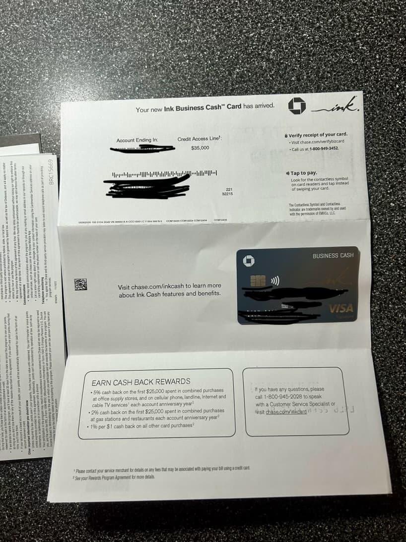 Chase Ink Business Cash card approval letter for $35,000