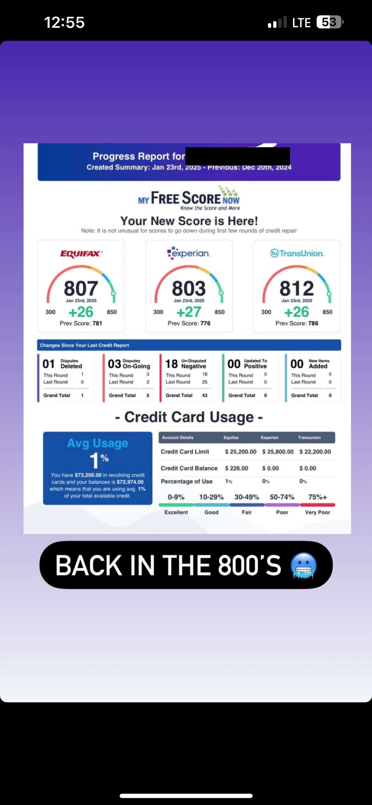 Tri-bureau credit report showing scores of 807, 803 and 812