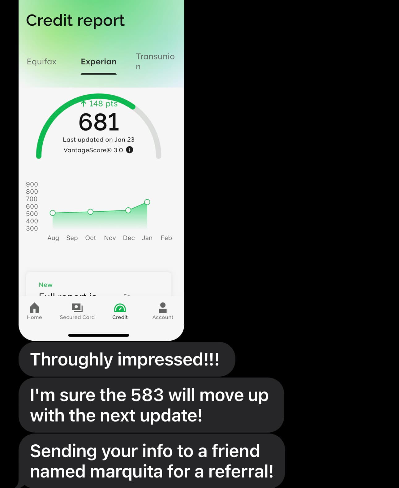Experian score up 148 points with a happy client message